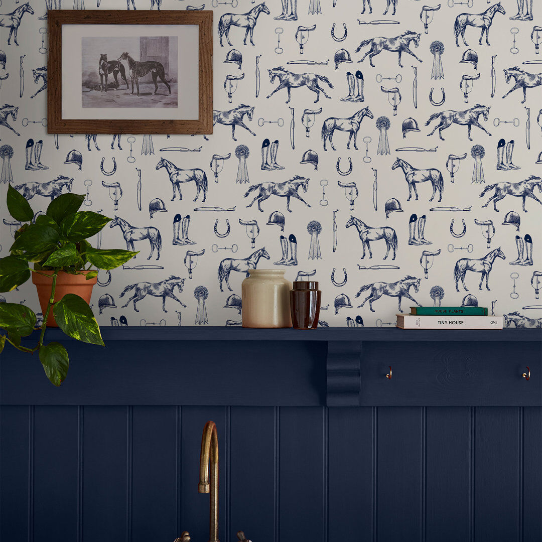Joules Sketched Equestrian Print Cream/Blue Animal 10m x 52cm Matte Wallpaper Roll Cream 1,000cm L