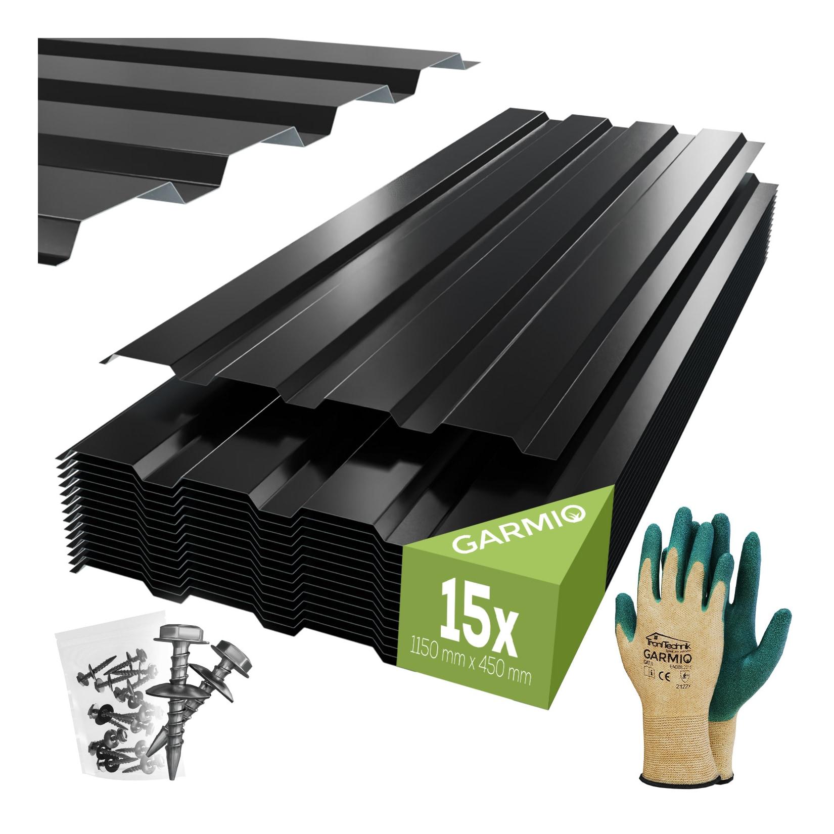 GARMIO® Profilblech Trapezblech Amalfi 115 Set 15 Stück Dachblech 115x45 cm, verzinkter Stahl schwarz