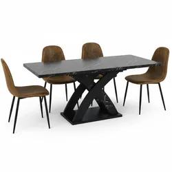 TISCHGRUPPE 5-teilig Ausziehtisch in Marmoroptik & 4 Polsterstühle im Vintage-Look