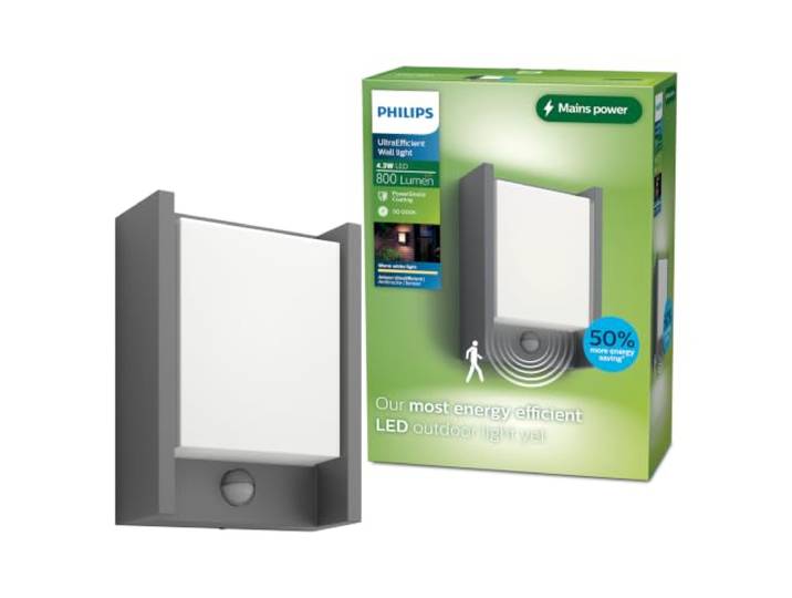 Philips Arbour Ultra Efficient buitenwandlamp, 3.8W, 2700K, antraciet, bewegingssensor, IP44 weerbestendig