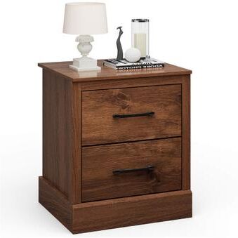 Costway Wood Compact Floor Nightstand with Storage Drawers-Rustic Brown