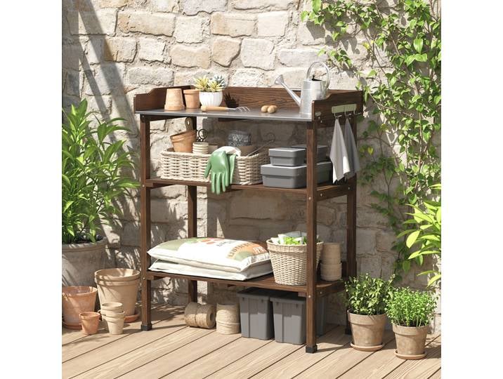 Outsunny Table Jardinage Bois 76x37x89cm Plateau Métal Étagères