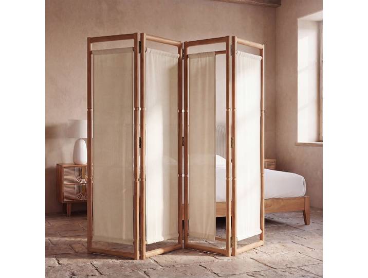 Paravent aus Erlenholz und cremefarbenem Jute