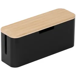 Relaxdays Kabelbox für Steckdosenleiste, Bambus, Deckel HBT 14,5x34x11cm, Kabel verstecken, Steckdosenbox, natur/schwarz