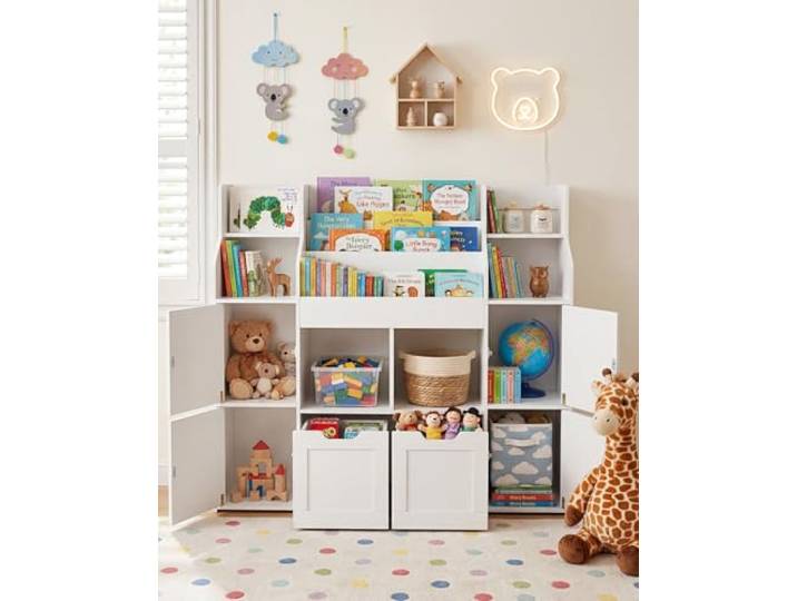 Amveya Kinder Bücherregal mit 2 Boxen Weiß Schmal Montessori Spielzeugregal für Kinderzimmer Aufbewahrung Kleiderschrank mit 8 Rollen sicherer Raumtrenner
