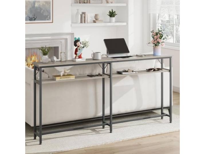 Garvee Konsolentisch, Schmaler Sofatisch mit 2 Ablagen, 180x20x100 cm Regal Flur, Konsolentisch 20 cm Tief, Regal Hinter Sofa, Schmaler Konsolentisch für Wohnzimmer Eingang Flur, Grau