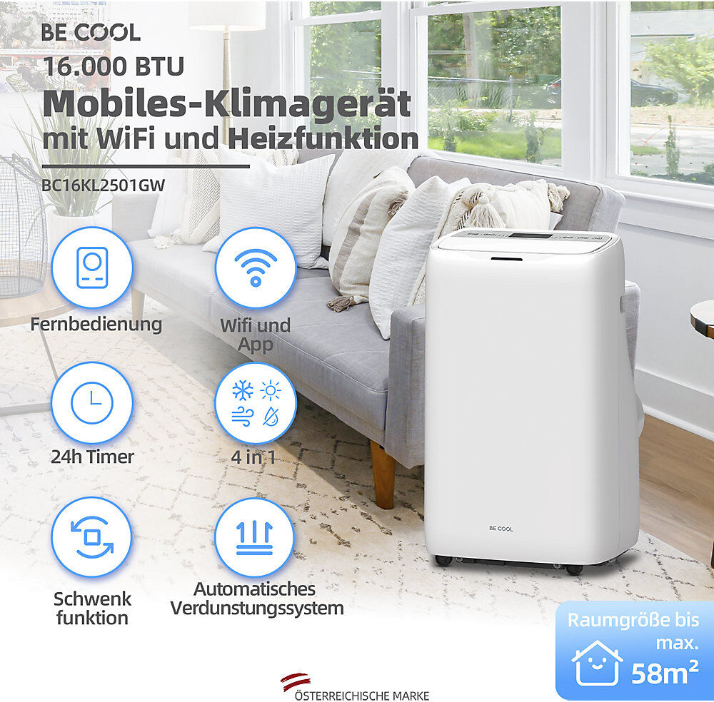 kaiserkraft Klimagerät 16.000 BTU, mit Heizfunktion und Wifi, weiß