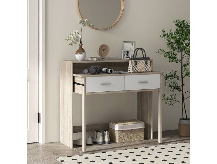HOMCOM Table Console Rangement 2 Tiroirs Aspect Chêne