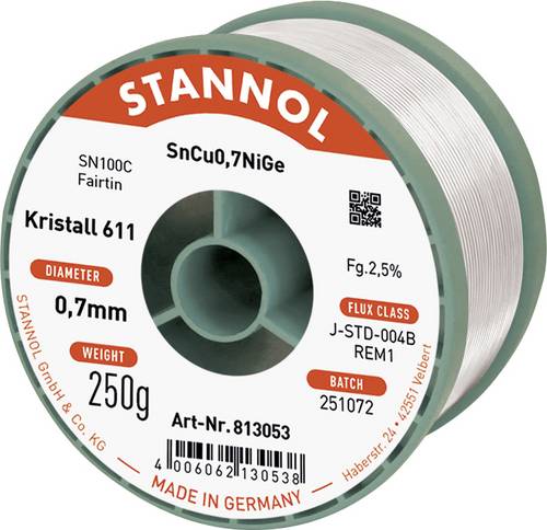 Stannol Lötdraht Kristall 611 Lötzinn, bleifrei bleifrei, Spule REM1 250g 0.7mm