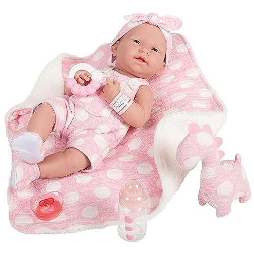 JC Toys Pasgeboren pop met 5 accessoires en kleding, Roze, 38 cm