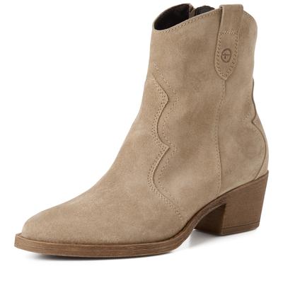 Cowboy Stiefelette TAMARIS, Damen, Gr. 36, Textil, beige, Veloursleder, aufgeraut, unifarben, Schuhe Cowboy-Stiefelette Cowboyboots Stiefelette, Blockabsatz, Festival, Western-Boots mit modischen Nähten