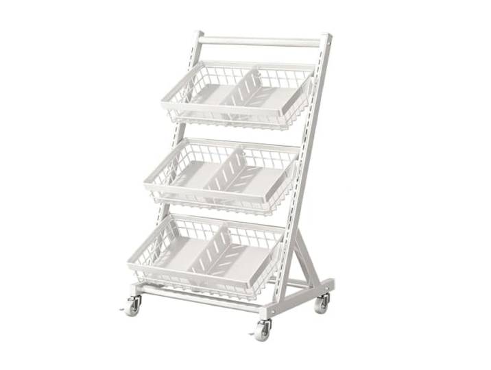 Dexinhdh Rollbarer Verkaufsständer für Snacks Metall-Obstkorb und Gemüseständer für Supermärkte, Convenience-Stores und Gewerbebetriebe(White,A)