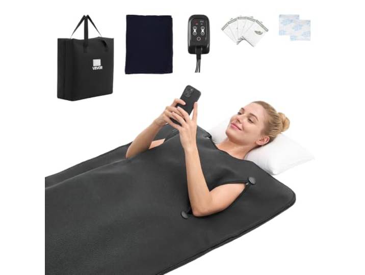 VEVOR Couverture Sauna Infrarouge avec Ouvertures pour Les Bras 180x90 cm Portable\, Chauffage Uniforme\, Température Réglable et Minuterie\, en PU\, avec Doublure Serviette et Sac de Transport\, Noir