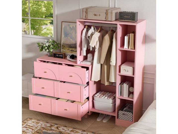 Armoire de chambre rose 139x35x133cm multifonction penderie ouverte 6 tiroirs étagères rangement chambre