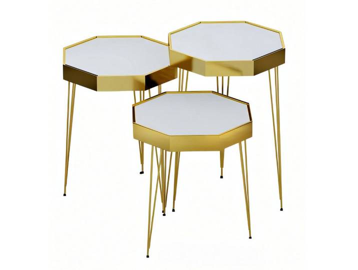 Xlmoebel Satztisch Weiße Holz Beistelltische im minimalistischen achteckigen Design (3-teiliges Set, 3-St., MaßeBeistelltisch 1, MaßeBeistelltisch 2, MaßeBeistelltisch 3), Made in Europa