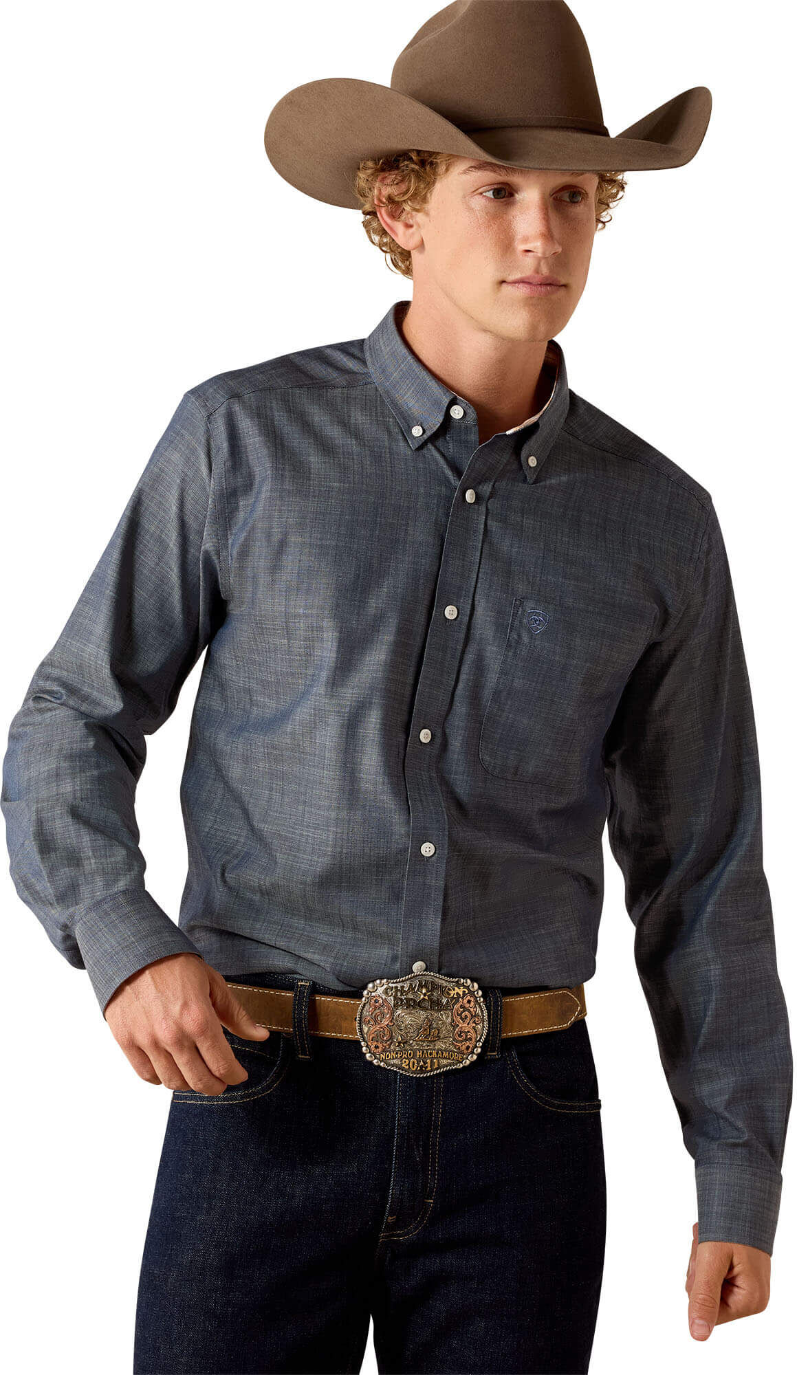 Men's Wrinkle Free Solid Fitted Shirt in Chambray Blue Cotton, Size: XS by Ariat