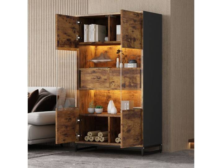 VUENOR Vitrine LED 80 x 40 x 138 cm noir et aspect bois avec 2 tiroirs et rangement
