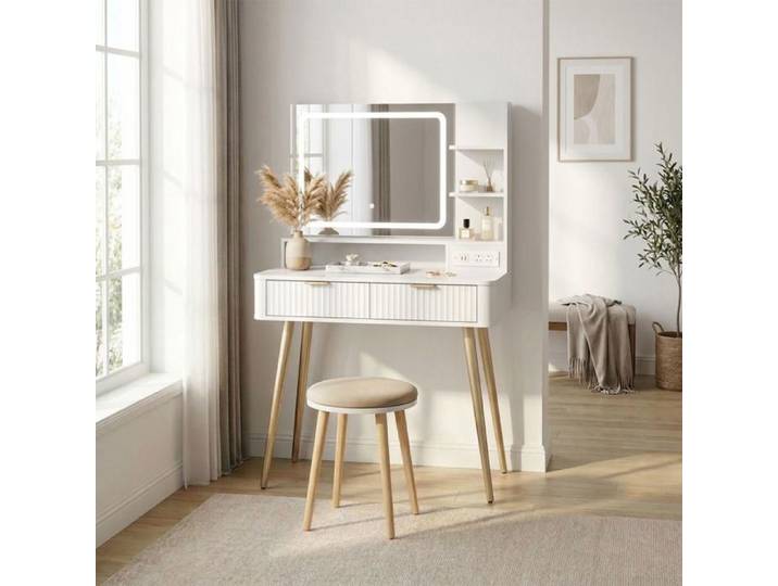 Coiffeuse cannelée avec miroir LED - 3 modes de couleur - 2 tiroirs + étagères - Prise intégrée pour chambre