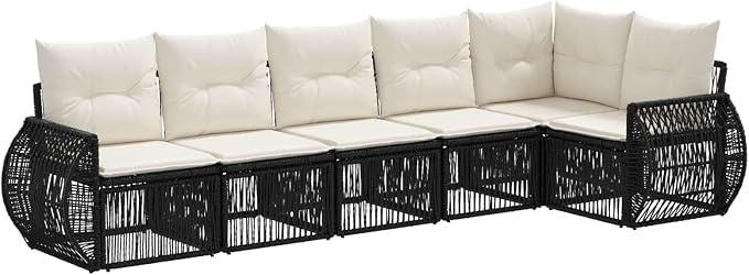 6-teiliges Gartensofa Set aus Poly-Rattan, Rattan Gartenmöbel Set für 6 Personen mit Kissen, Modulares Lounge Set Outdoor für die Terrasse, Schwarz und Cremeweiß