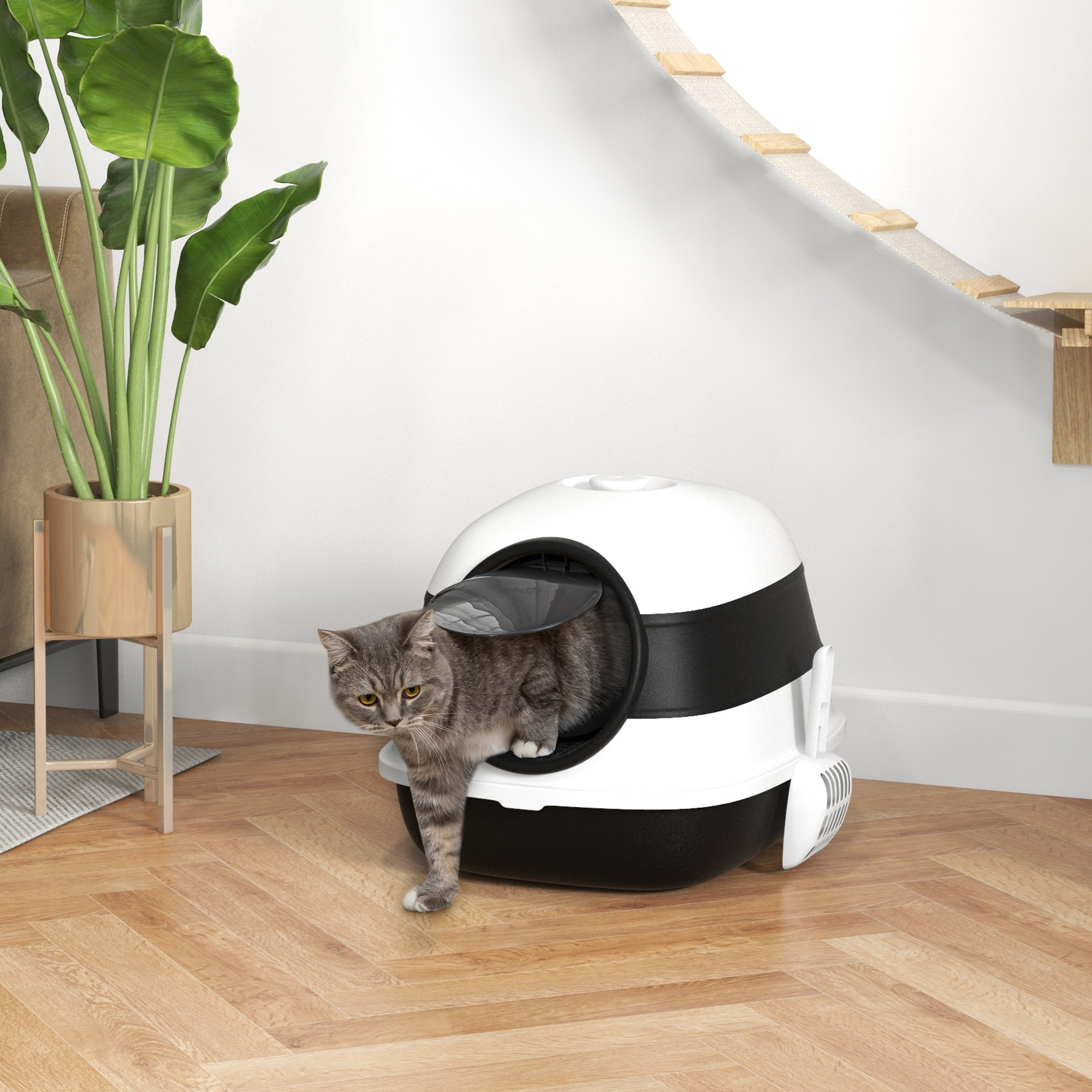 Pawhut Lettiera per Gatti Chiusa con Coperchio, Paletta e Deodorante, Design Pieghevole, 52x41x38 cm, Bianca e Nera