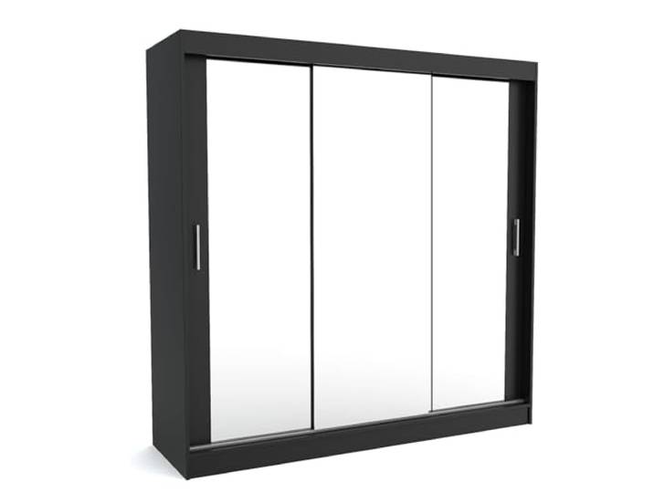 Brent - Kleiderschrank mit Schiebetüren Windsor David I 200x200x60 cm I mit Spiegel, Stangen und Einlegeböden für Kleidung I Laminierte Spanplatte I Aluminiumschienen I Schwarz