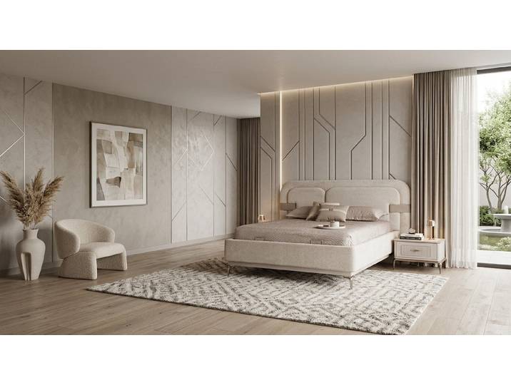 JVmoebel Schlafzimmer-Set Bett 2x Nachttisch Beige Modern Luxus Doppelbett Nachttische Set, (3-tlg., 2x Nachttisch, Bett)