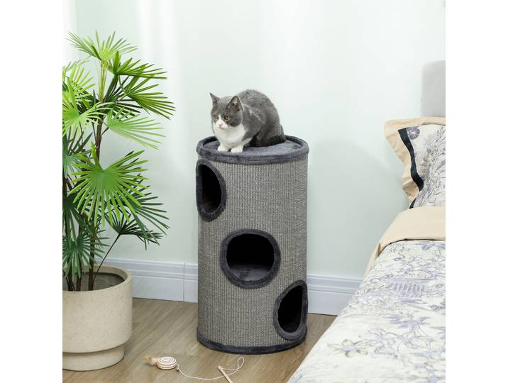 PawHut Tonneau à gratter pour chat, tour à griffer en sisal à 3 niveaux recouvert de peluche, Ø 38 x 70 cm, gris clair