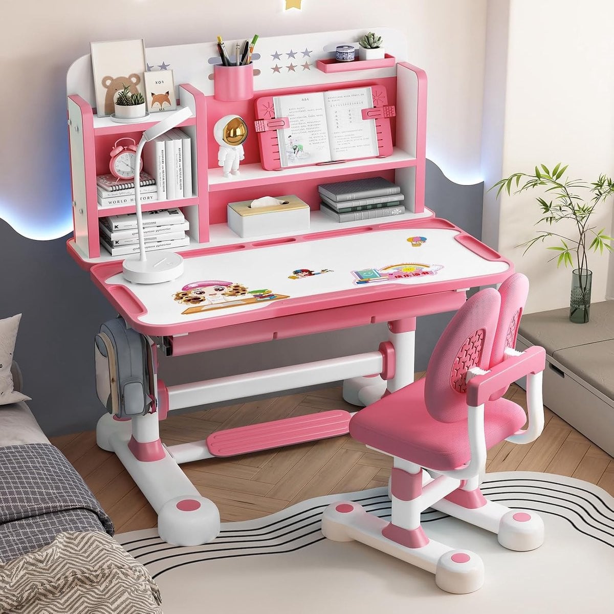 Verstelbaar Kinderbureau met Stoel voor Leren en Huiswerk, Ergonomische Zitcorrectie, Breedte: 80 cm, Roze