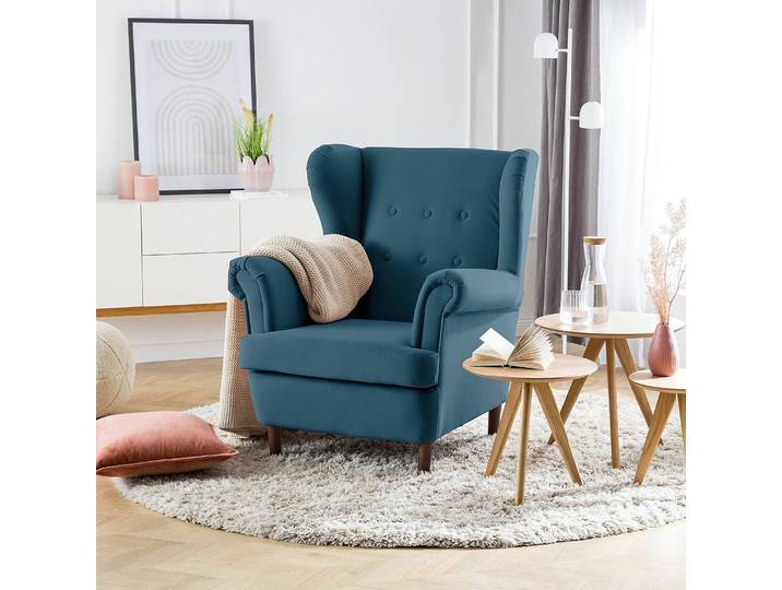Fauteuil bergère Bleu/Bleu marine Velours Vaia Sans repose-pieds 85 x 101 x 89cm