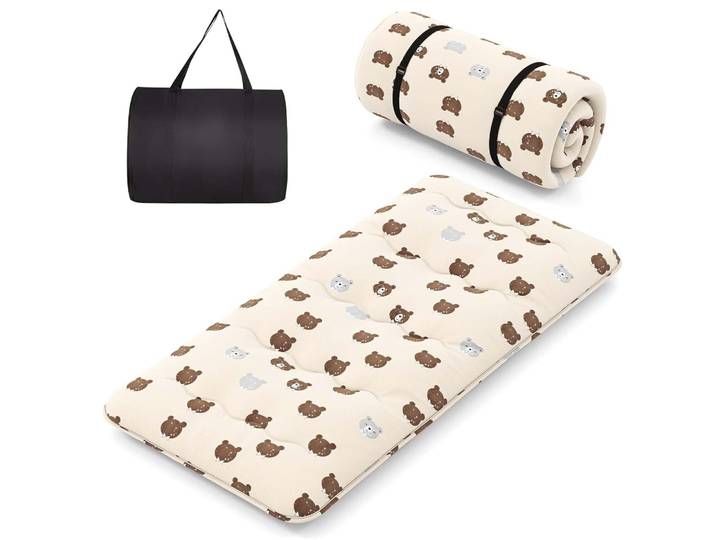 Matelas pliant avec housse lavable, Futon japonais, Polymères de tatami, Sac de transport, Ours brun, 90x200 cm