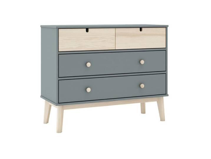 KAINA - Commode 4 Tiroirs MDF et Pin Coloris Gris Vert et Naturel