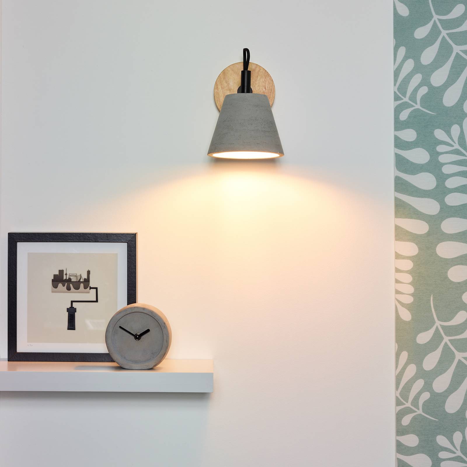 Lucide Wall Light Possio, dimmable, Light wood, Living / Dining Room, Concrete, Country House / Rustic, Wall Light