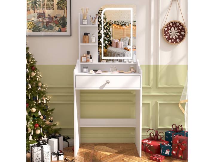 Coiffeuse blanche avec miroir LED à intensité variable, bureau de maquillage avec rangement