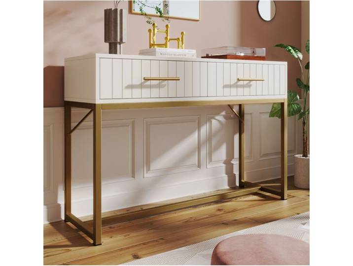 VUENOR Coiffeuse blanche 100 x 45 x 75 cm avec 2 tiroirs et pieds en métal dorés