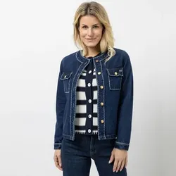 STRANDFEIN Jeansjacke Rundhalsausschnitt Knopfleiste figurumspielend