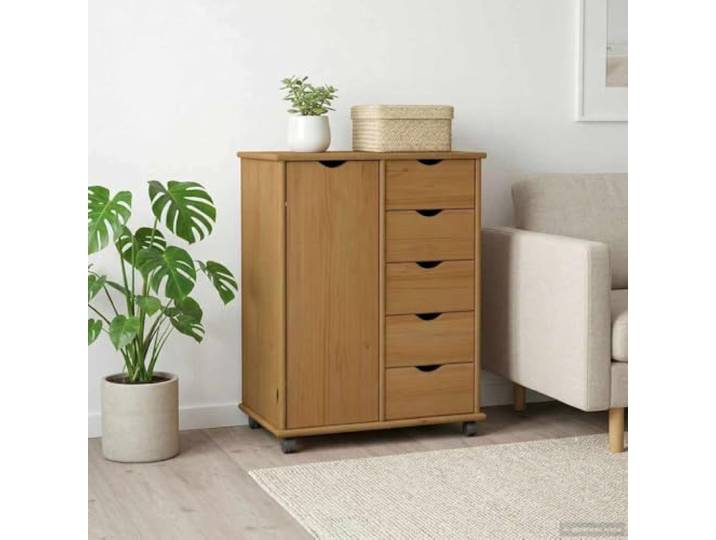 KTHLBRH Möbelstück mit Rädern, braun, 63,5 x 39 x 79 cm Massives Kiefernholz, 5 Schubladen, 1 Einlegeboden, 4 Rollen, Türen mit Scharnieren
