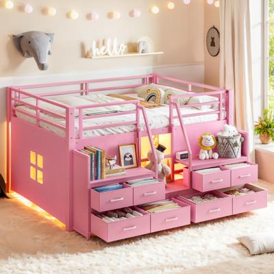 GREATPLANINC Playhouse Bed Metal Loft Bed with Storage Stairs Fabric Drawers Shelves Lights
