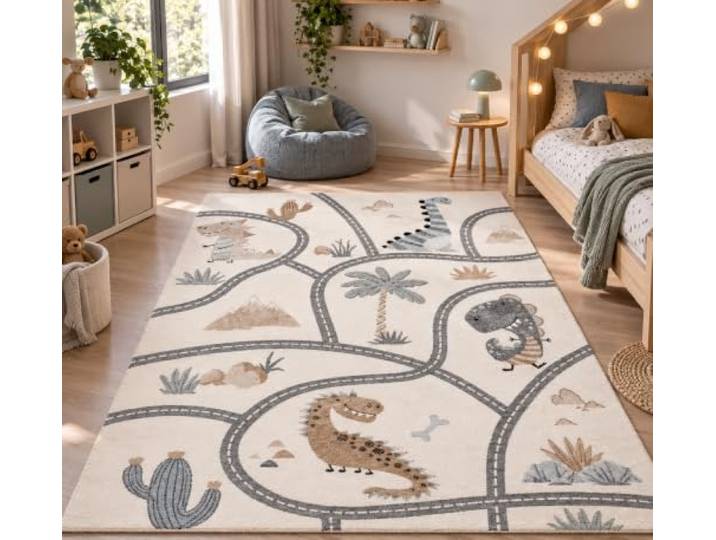 Kinderteppich Maui Kids Dino Straße Beige Spielteppich Kinderzimmer