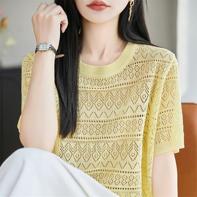 Lush Living Finds Breeza Hollow Knit Short Sleeve Top For Women Lightweight Summer Pullovers yellow l