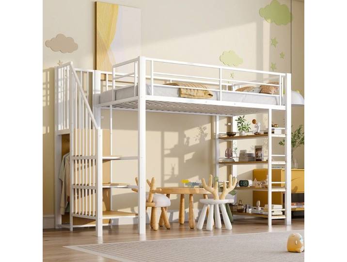 Lit mezzanine simple - PAGE LIVING - 90x200 cm - Blanc - Rangement & tiroirs - Escalier antidérapant