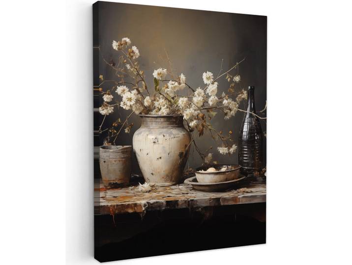 MuchoWow Leinwandbild - Stilleben - Blumen - Blumenstrauß - Vase - Wein - 60x80 - Gemälde, Schwarz, Textil, Kiefer, Abstrakt, Rechteckig, 60x80 cm, gerahmt, Bilder & Rahmen, Bilder, Wandbilder
