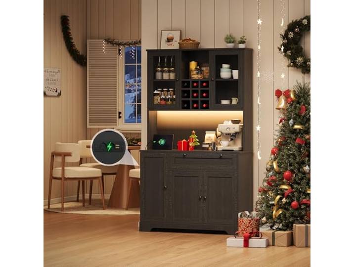 Ball & Cast Küchenschrank, Buffetschrank mit verstellbaren Einlegeböden, Steckdosen und Integrierter Beleuchtung, 105x40x180 cm, Schwarz
