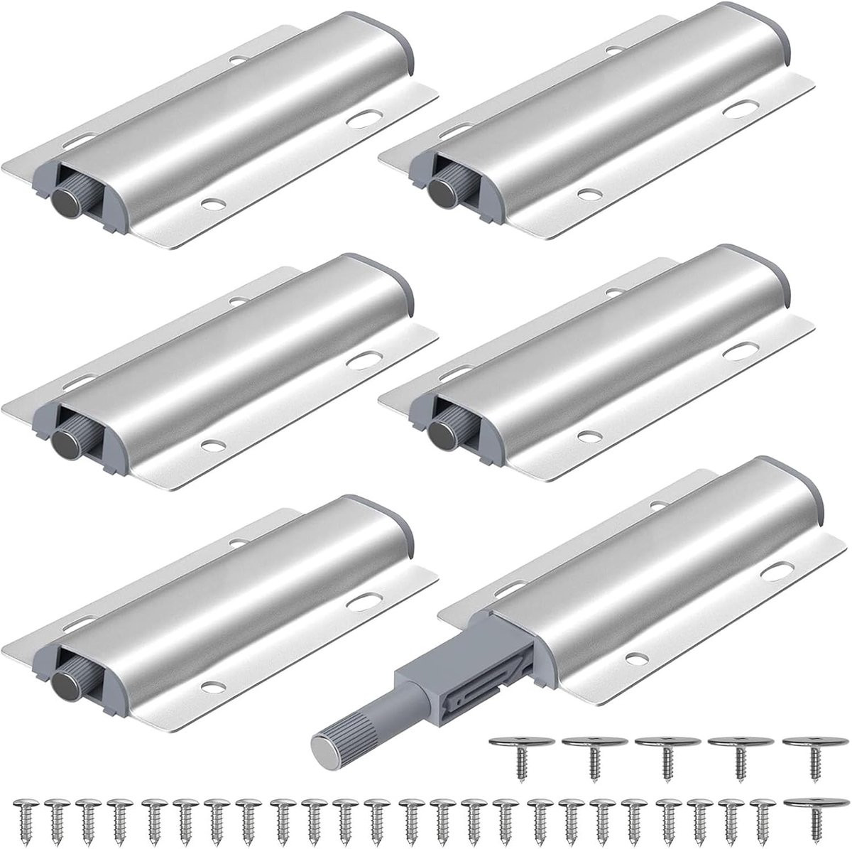 Set van 6 magnetische push-to-open deursnappers in zilver voor een greeploos interieur, aluminium