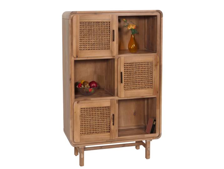 Highboard HWC-M47, Kommode Schrank Sideboard, Staufächer, Rattan Akazie Massiv-Holz gebeizt 141x90x35cm 32kg Standard