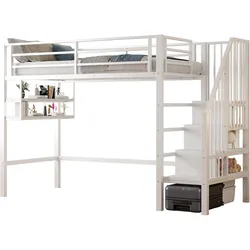 STILVORA Hochbett 90x200 Metallrahmen mit Stauraumleiter, offener Spielbereich, Regale, Geländer, Multifunktional, Stauraum, Weiß