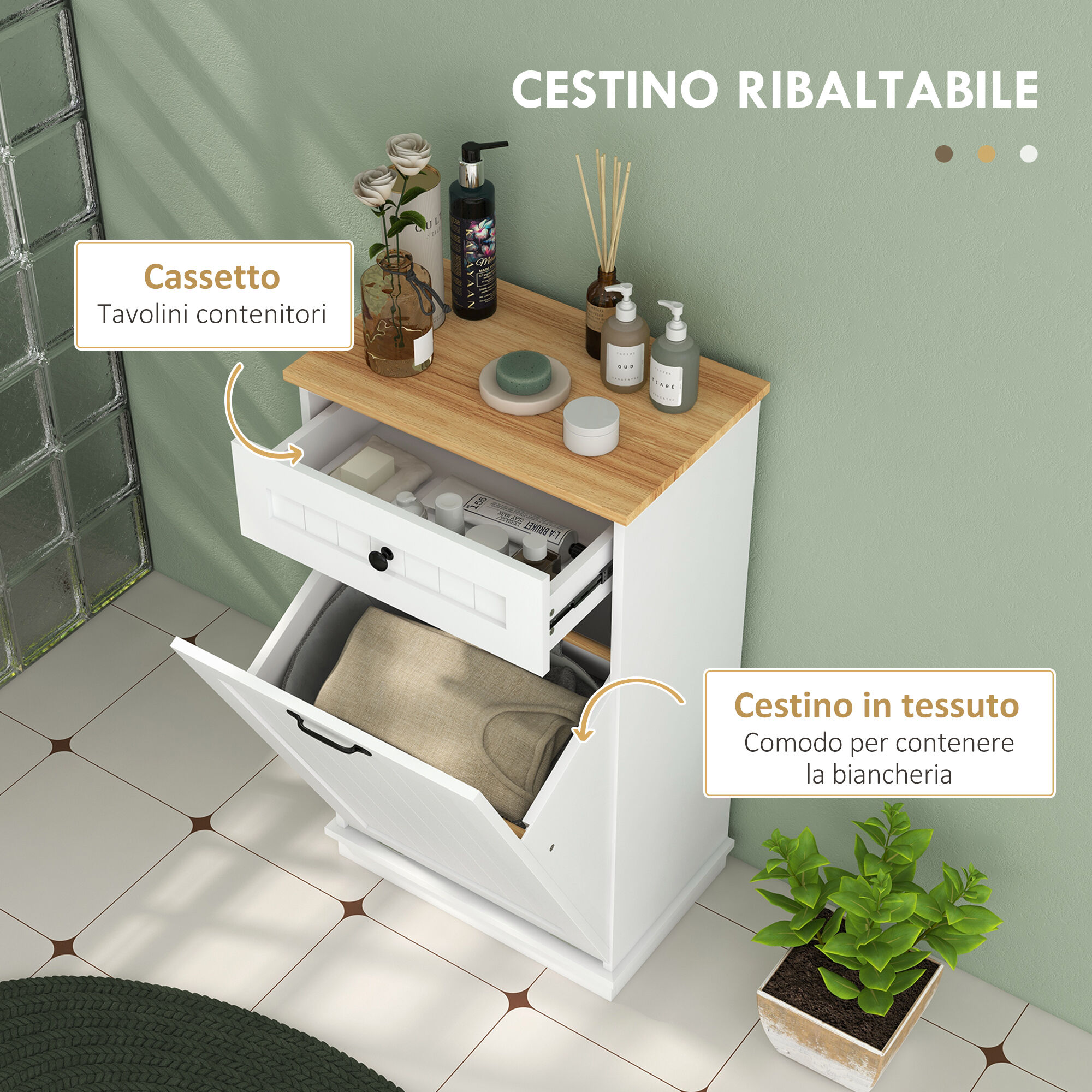 Altro Mobiletto Bagno In Legno Con Cesto Portabiancheria In Tessuto Ribaltabile E Cassetto, Bianco