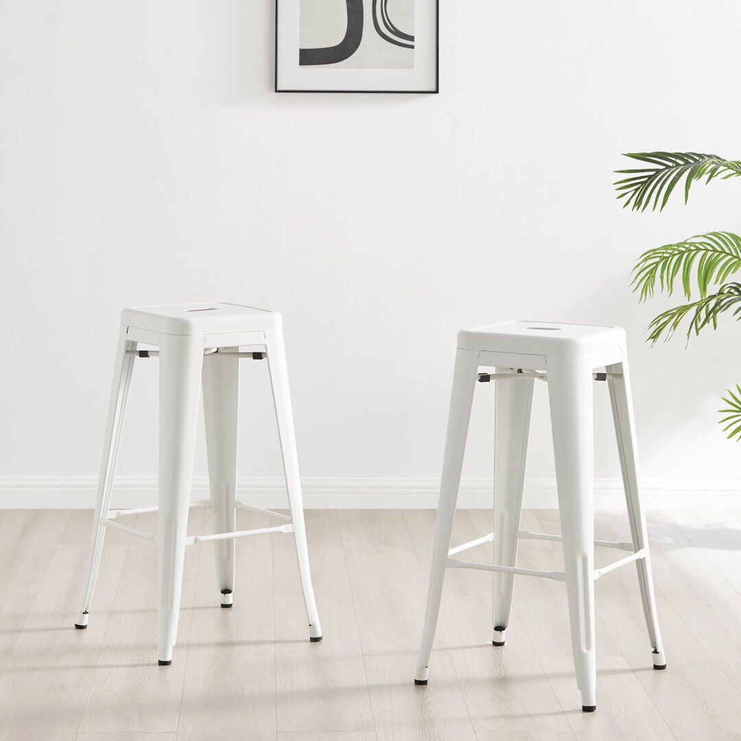 Borough Wharf Honora Classic Industrial Metal Breakfast Bar Stool - Style Bold Colour Stackable White 76cm H X 43cm W X 43cm D
