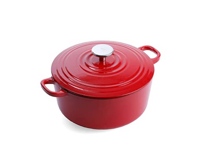BK Cookware Bourgogne emailliertes Gusseisen 26cm/5.3L Dutch Oven Topf mit Deckel, induktionsgeeignet, runde Kasserolle zum Backen, Schmoren, Eintöpfe, Chili Rot