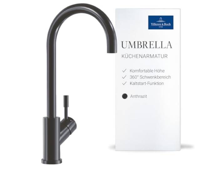 Villeroy & Boch Umbrella Küchenarmatur, Auslaufhöhe 275 mm – Anthrazit Kaltstart-Funktion, 360° Schwenkbereich, Durchflussbegrenzung, Hochdruck, 92530005