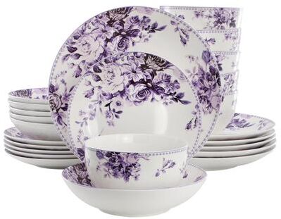 Elama Traditional Purple Rose 24 Piece Stoneware Double Bowl Dinnerware Set